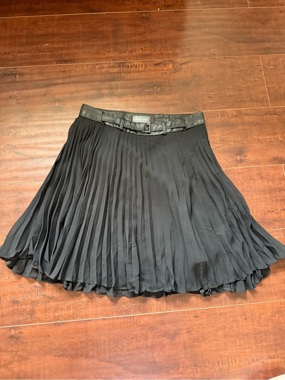 Costa Blanca Black Pleated Skater Skirt with Faux Leather Waist